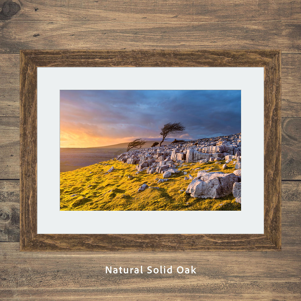 Thumbnail: Framed photography prints of a dramatic summer sunset over a limestone pavement at Twistleton Scar, Yorkshire Dales.