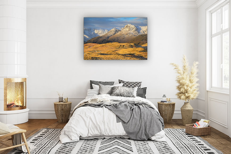 Thumbnail: Ready to hang photography canvas prints of The Langdale Pikes mountain range with golden winter sunlight, Lake District.