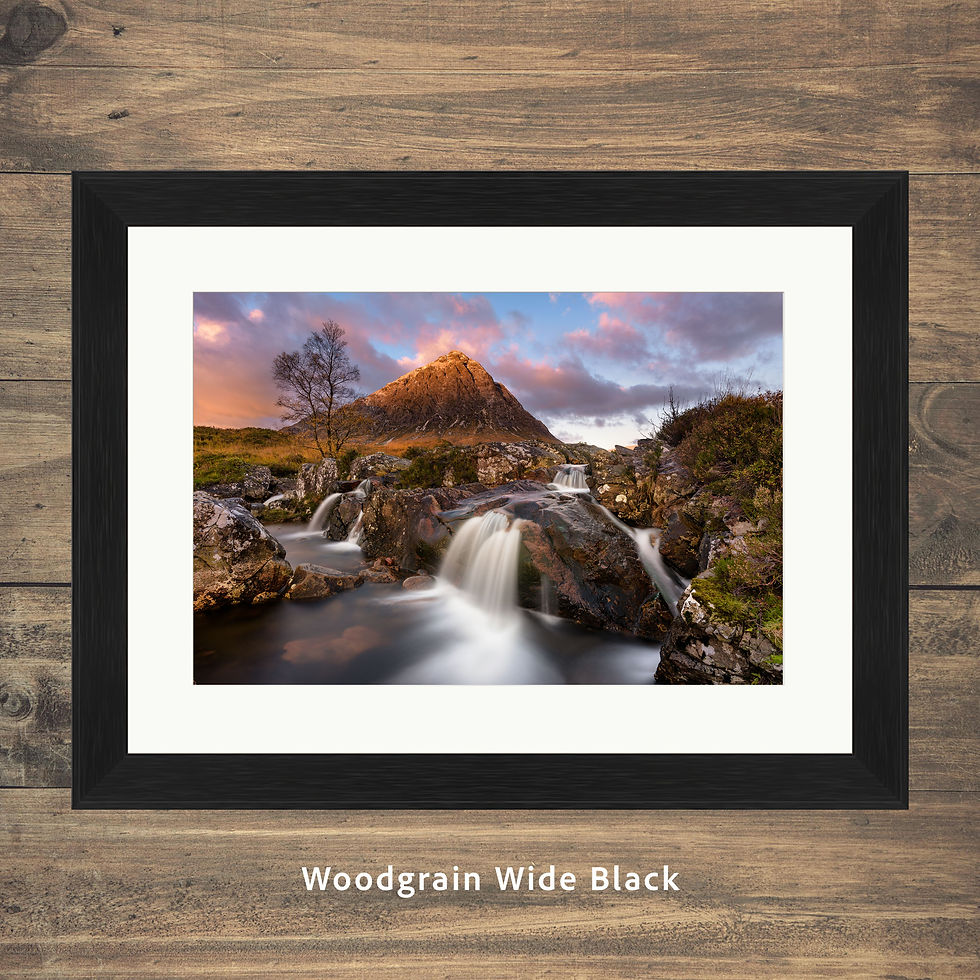 Thumbnail: Framed photography picture prints of the Glen Etive waterfall at sunrise in Glencoe, Scotland, UK.