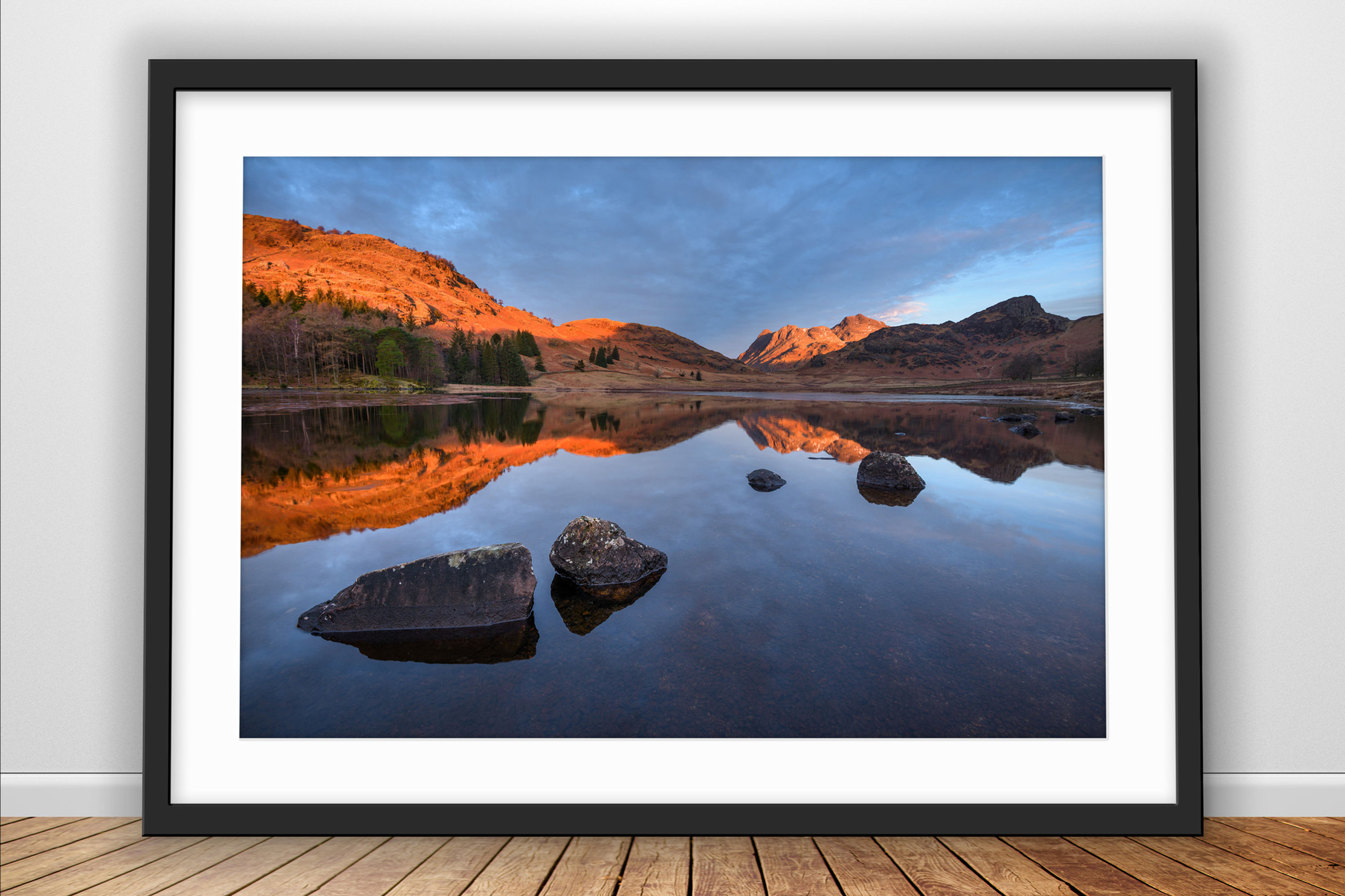a calm reflections on a winter morning at Blea Tarn with golden light at sunrise on The Langdale Pikes in The Lake District,