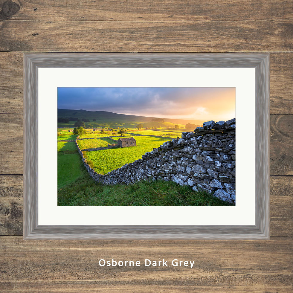 Thumbnail: Framed photography prints of a stone barn and drystone wall with beautiful morning light in Wensleydale, Yorkshire Dales, UK.
