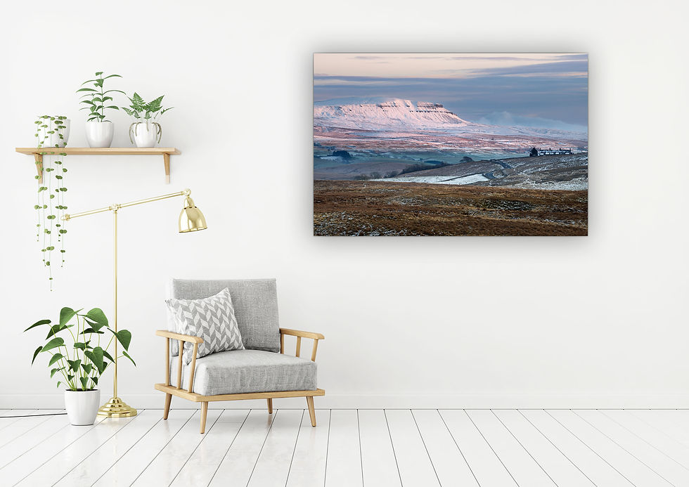 Thumbnail: A spectacular view of Pen Y Ghent covered in snow and pink sunlight on a beautiful winter evening in The Yorkshire Dales.