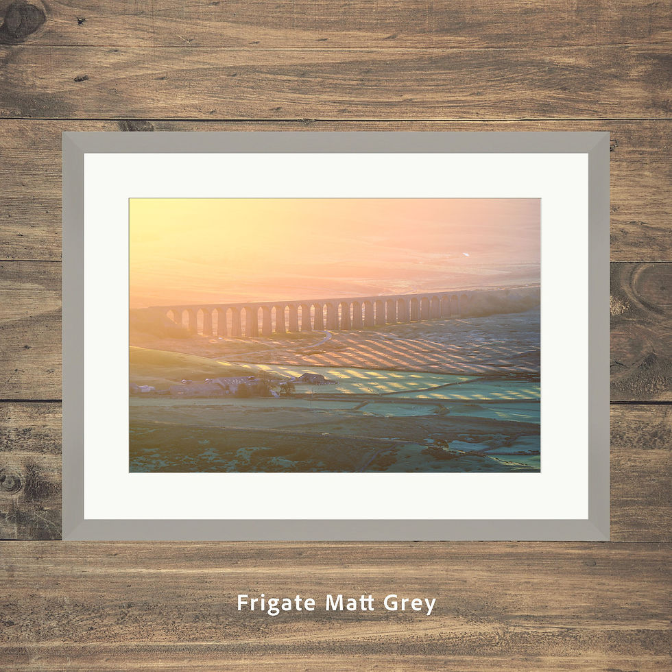 Thumbnail: Framed photography prints of The Ribblehead Viaduct with shadows from the rising sun. Seen from Whernside, Yorkshire Dales.