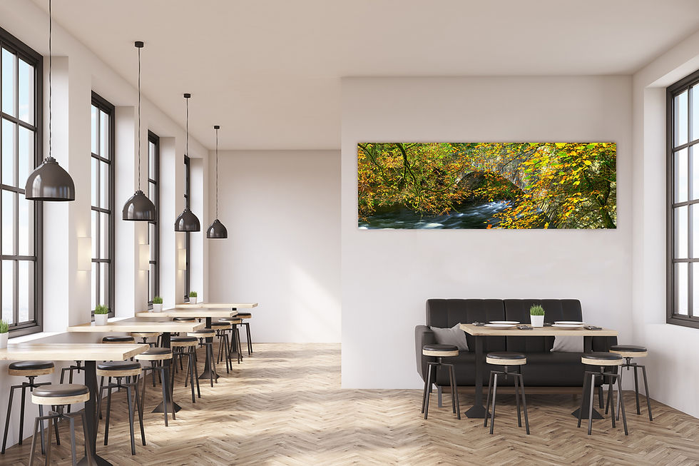 Thumbnail: Panoramic canvas photography prints of the packhorse bridge at Clappersgate in The Lake District, UK.