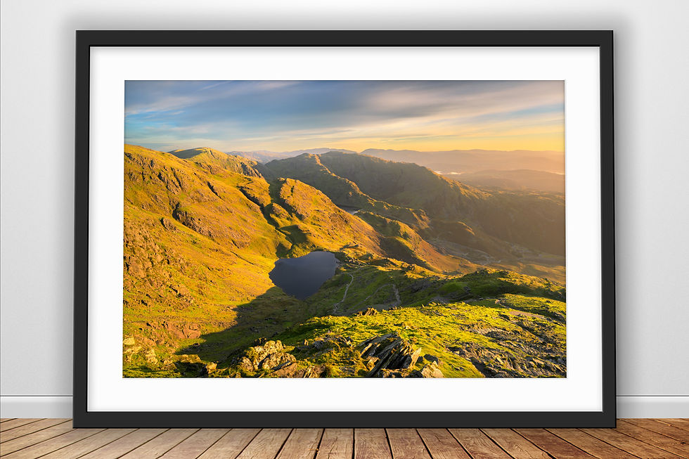 Prints of a beautiful morning view seen from The Old Man of Coniston, overlooking Levers Water in the Lake District mountains