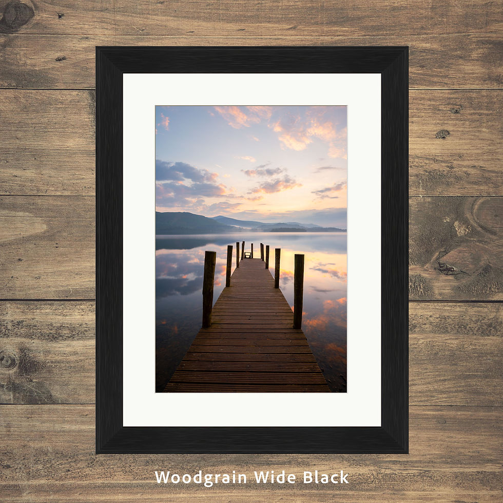 Thumbnail: framed photography pictures of a romantic sky reflecting in Derwentwater, seen from Ashness jetty in Keswick, Lake District.
