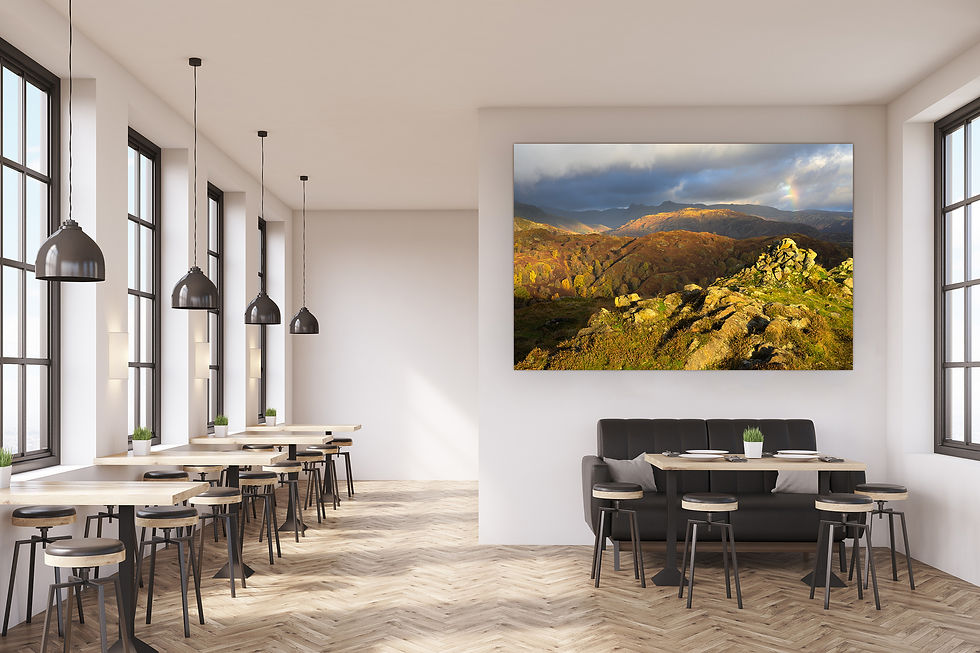 Thumbnail: photography canvas prints of an autumnal view looking towards The Langdale Pikes, seen from Tom Heights in The Lake District.