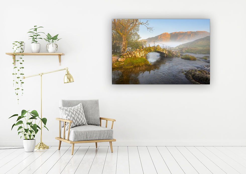 Thumbnail: Photography canvas prints of a beautiful misty morning at Slaters Bridge in Little Langdale, Lake District, UK.