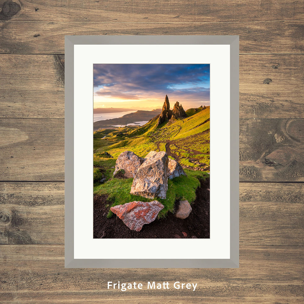 Thumbnail: Framed photography prints of a golden sunrise at The Old Man of Storr on The Isle of Skye, Scotland, UK.