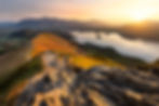 Photography prints of a beautiful golden sunrise seen from Catbells overlooking Derwentwater in The Lake District, UK.