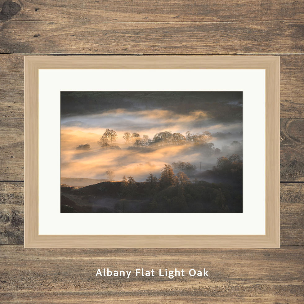 Thumbnail: Framed prints of a misty autumn morning with golden light in Little Langdale, Lake District, UK.