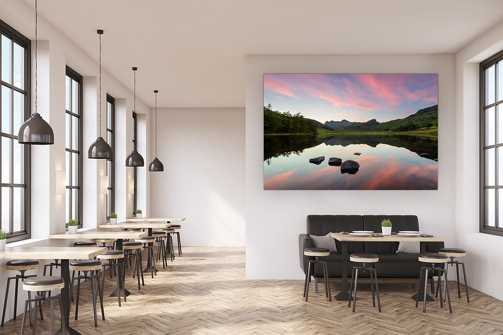 Thumbnail: Beautiful canvas prints of a summer sunset and The Langdale Pikes reflecting in a calm Blea Tarn, Lake District, UK.