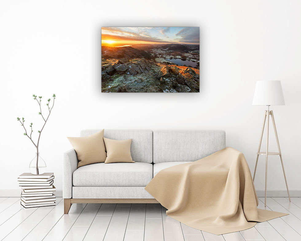 Thumbnail: Canvas prints of a sunrise on a frosty morning seen from Loughrigg Fell in The Lake District, UK.