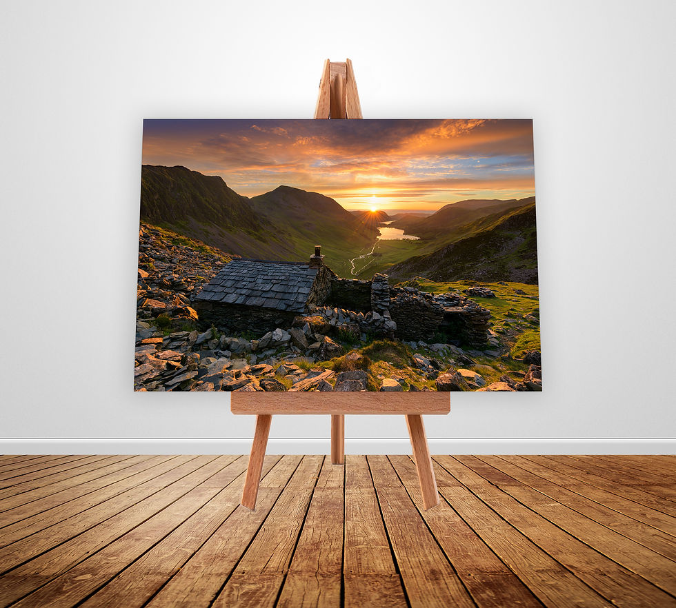 Summer sunset photography canvas prints of the Warnscale Bothy, overlooking a beautiful sunset in the background.