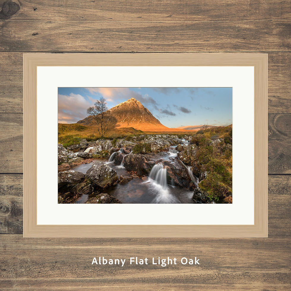 Thumbnail: Framed photography prints of the Glen Etive waterfall on autumn morning with The Buachaille in Glencoe, Scottish highlands
