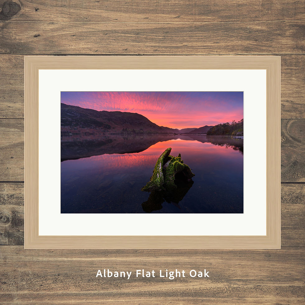 Thumbnail: Framed photography prints of a colourful sunrise over Ullswater in The Lake District, UK.