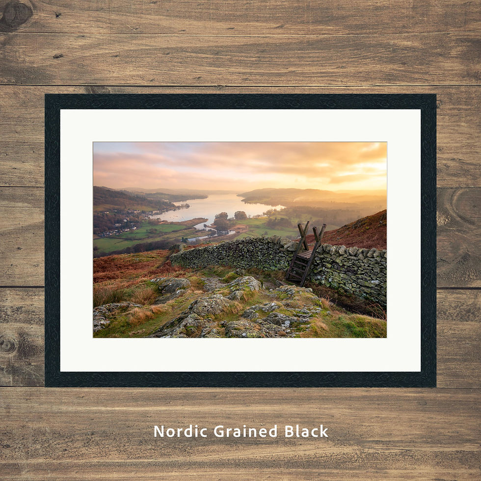 Windermere framed prints of a sunset seen from Todd Crag on Loughrigg Fell in The Lake District, UK.