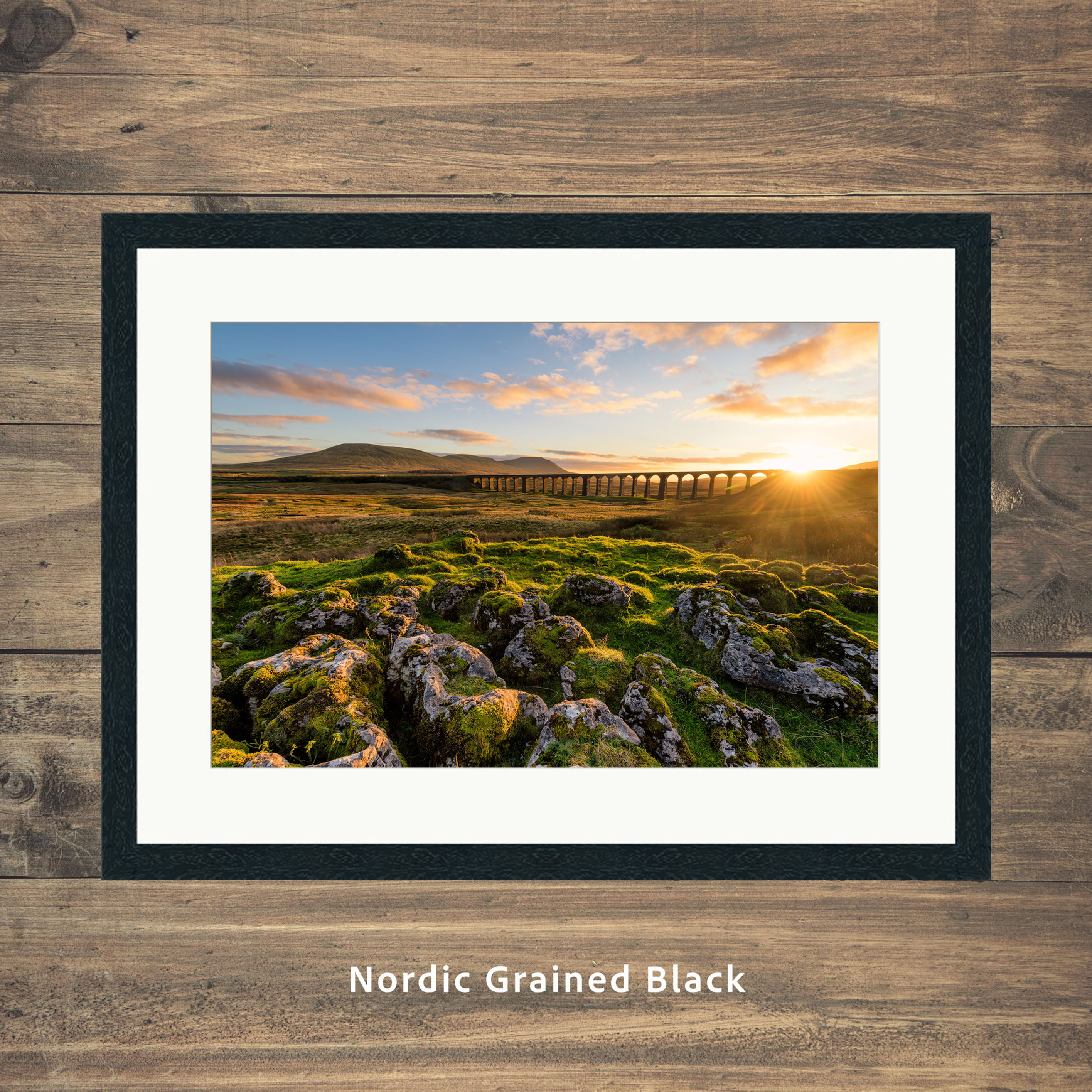 Framed photography prints of a beautiful golden sunset at The Ribblehead Viaduct in The Yorkshire Dales National Park, UK.