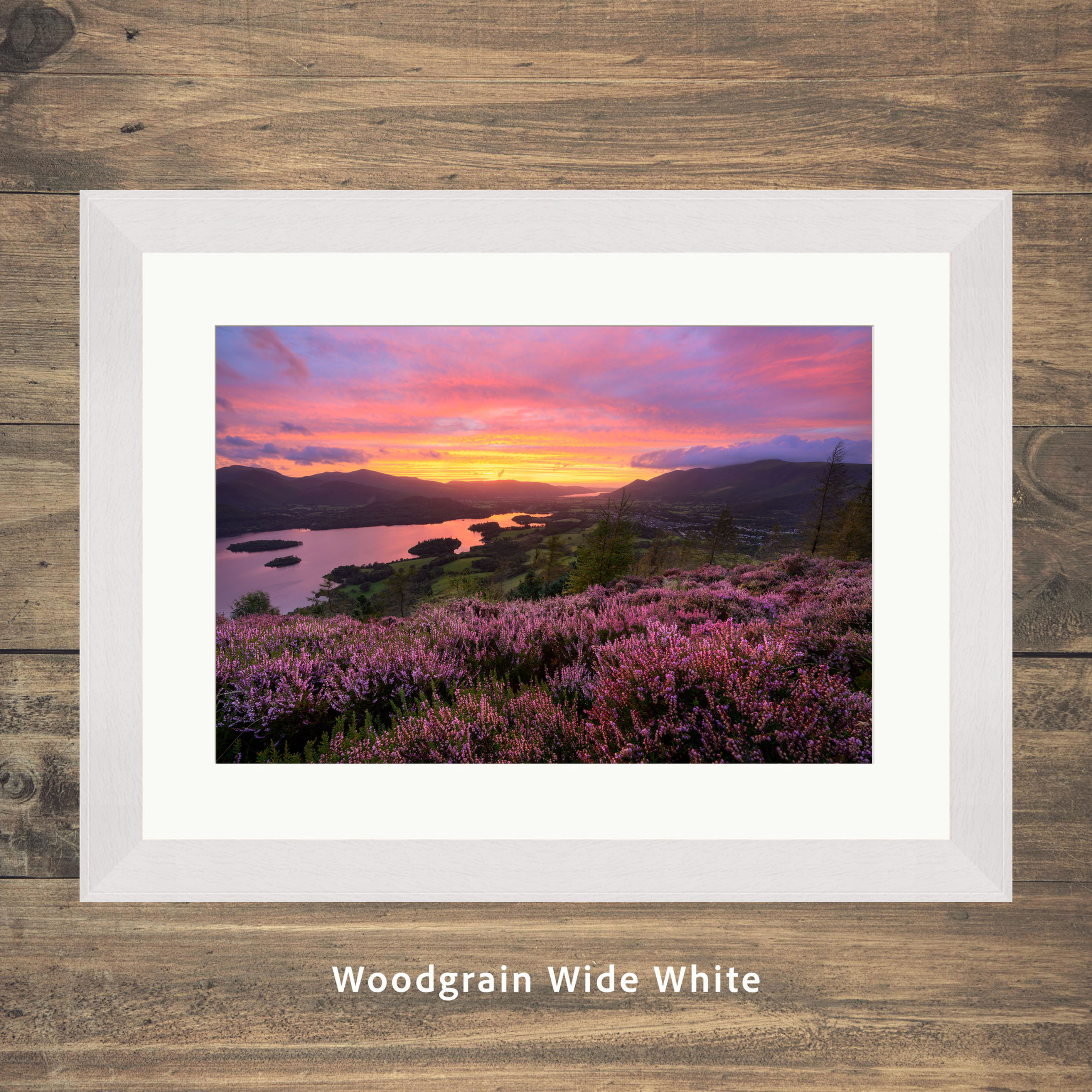 Framed photography prints of a colourful sunset seen from Walla Crag, overlooking Derwentwater & Keswick in The Lake District