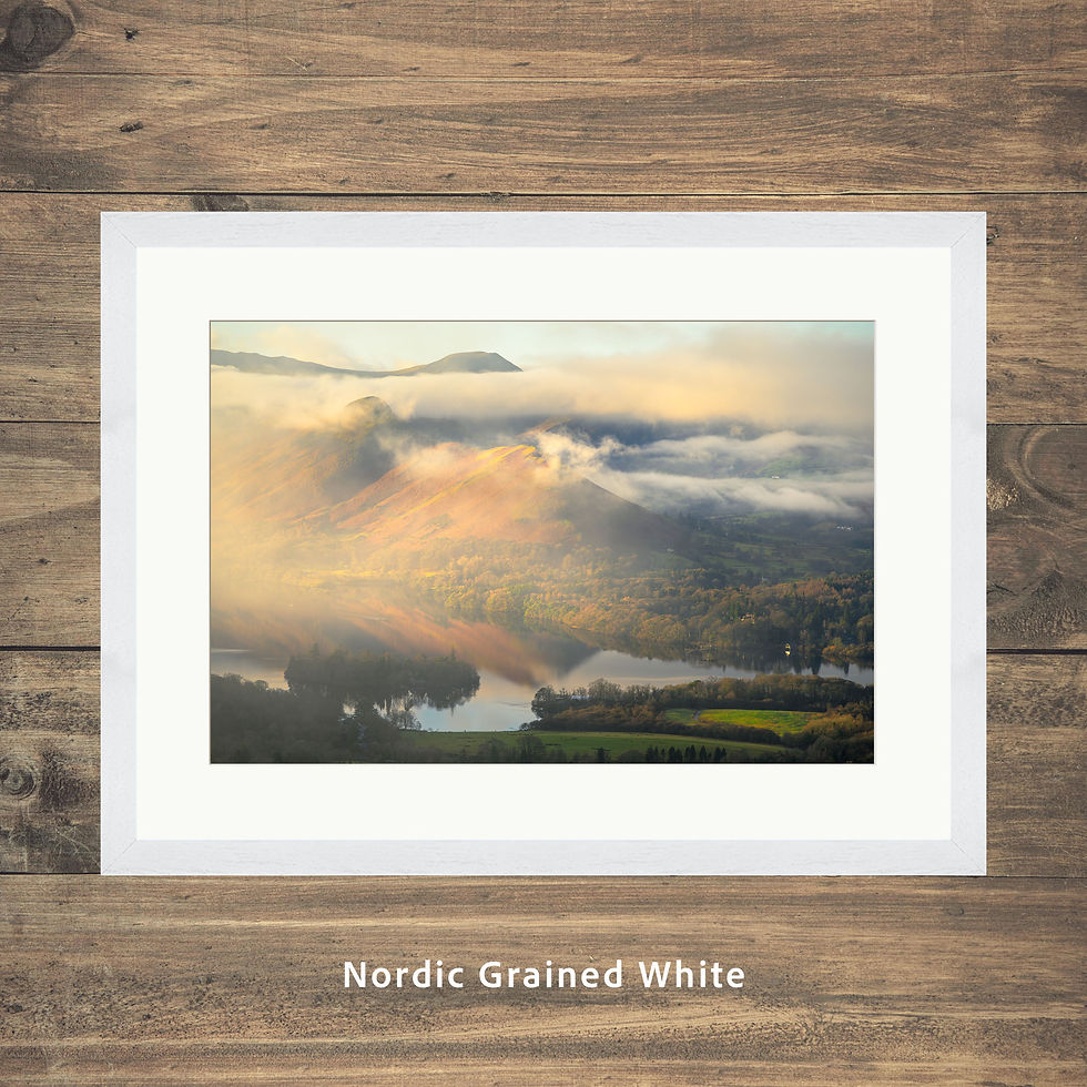 Thumbnail: Framed photography prints of a view looking towards a misty Catbells, seen from Latrigg in The Lake District, UK.