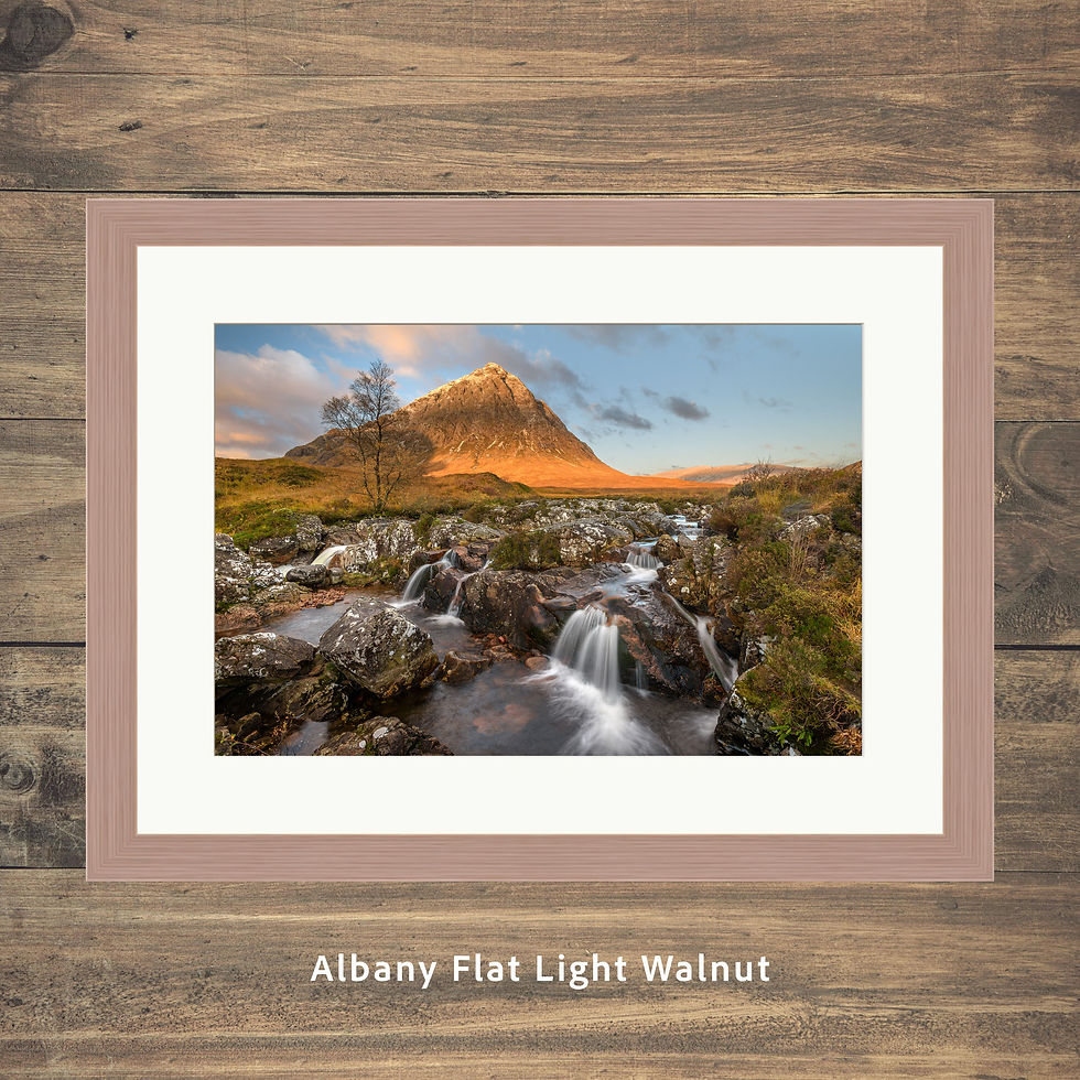 Thumbnail: Framed photography prints of the Glen Etive waterfall on autumn morning with The Buachaille in Glencoe, Scottish highlands