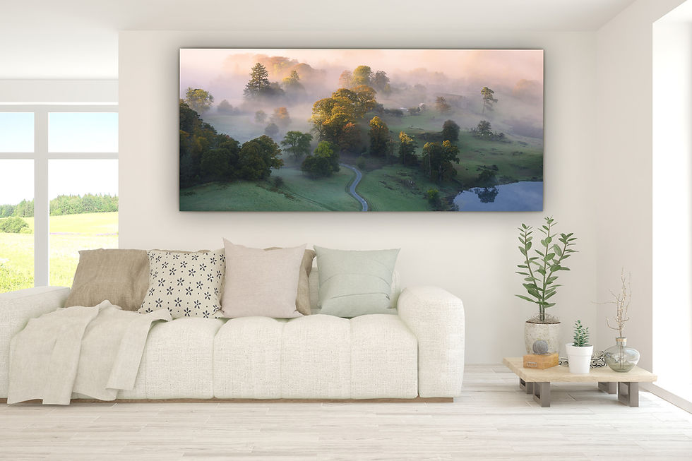 Thumbnail: Panoramic photography canvas prints of a misty autumn morning at Loughrigg Tarn in The Lake District, UK.