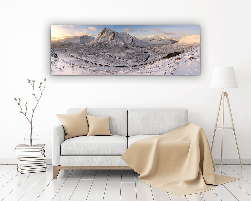 Thumbnail: Panoramic canvas prints of a winter view of Buachaille Etive Mòr in Glencoe, Scotland, UK.