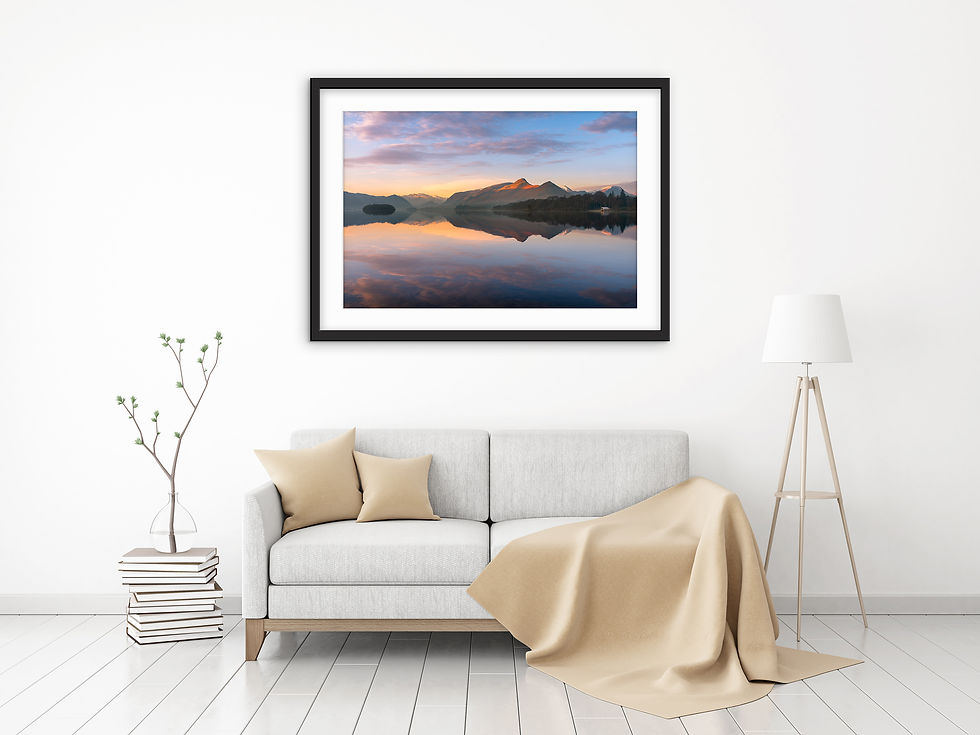 Thumbnail: Photography prints of a calm sunrise with reflections at Derwentwater in The Lake District.