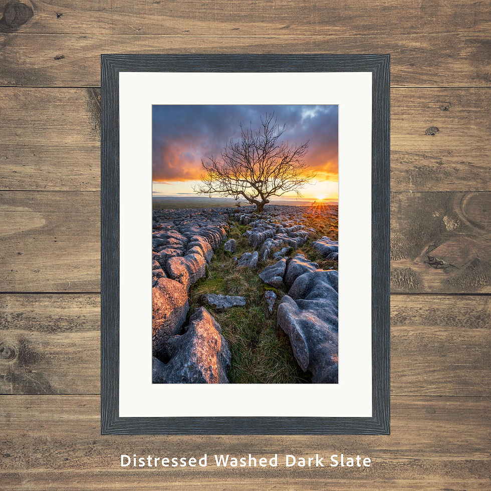 Framed photography prints of a lone tree and limestone pavement at sunset up Twistleton Scar, Ingleton, Yorkshire Dales, UK.