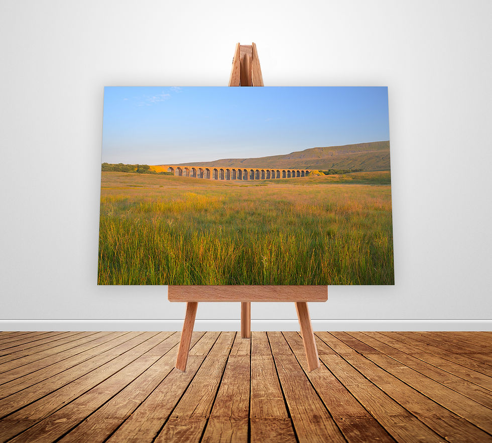 The Ribblehead Viaduct on a pleasant summer morning with a beautiful blue sky in The Yorkshire Dales.