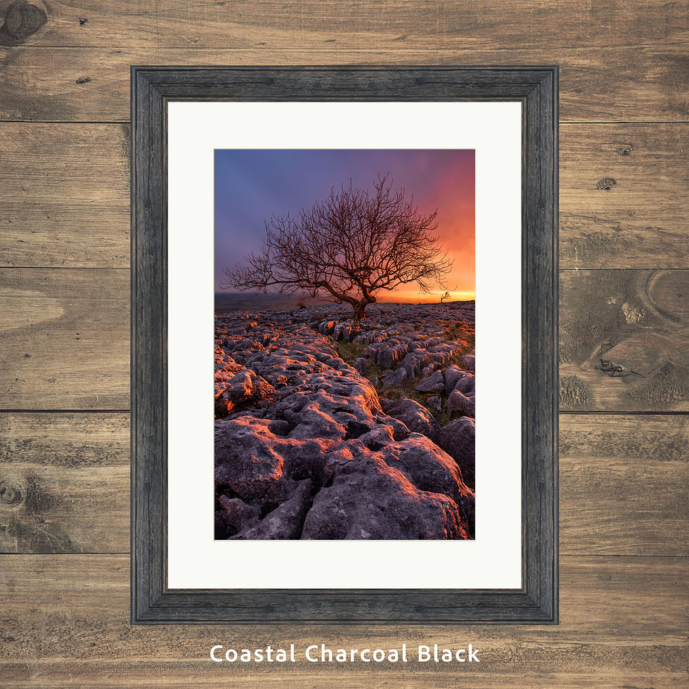 Thumbnail: Framed photography prints of a lone tree at sunset with limestone pavement rocks. Ingleton, Yorkshire Dales, UK.