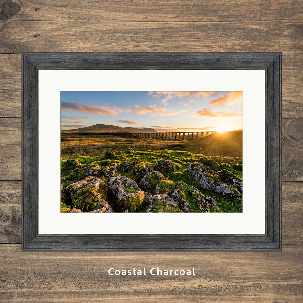Thumbnail: Framed photography prints of a beautiful golden sunset at The Ribblehead Viaduct in The Yorkshire Dales National Park, UK.