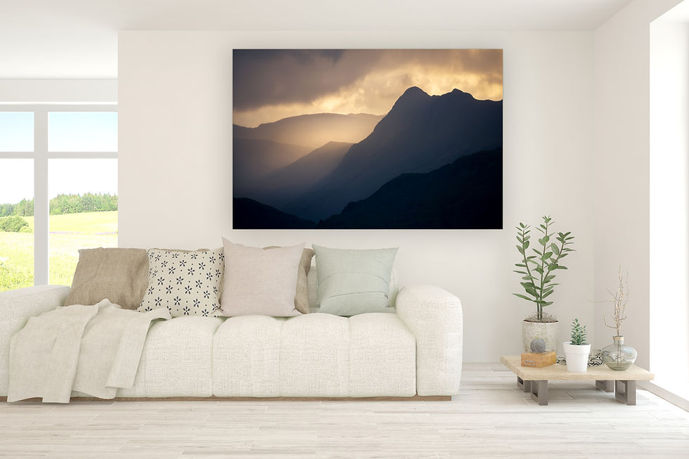 Thumbnail: Beautiful canvas prints of Lake District mountain range The Langdale Pikes with dramatic golden evening light and dark clouds