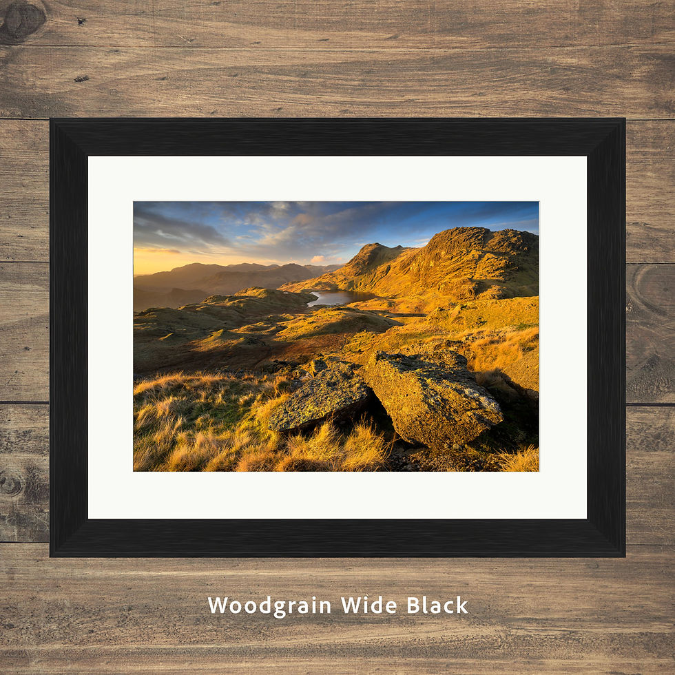 Thumbnail: Framed photography prints of a breathtaking view of Stickle Tarn with golden winter light, Lake District.