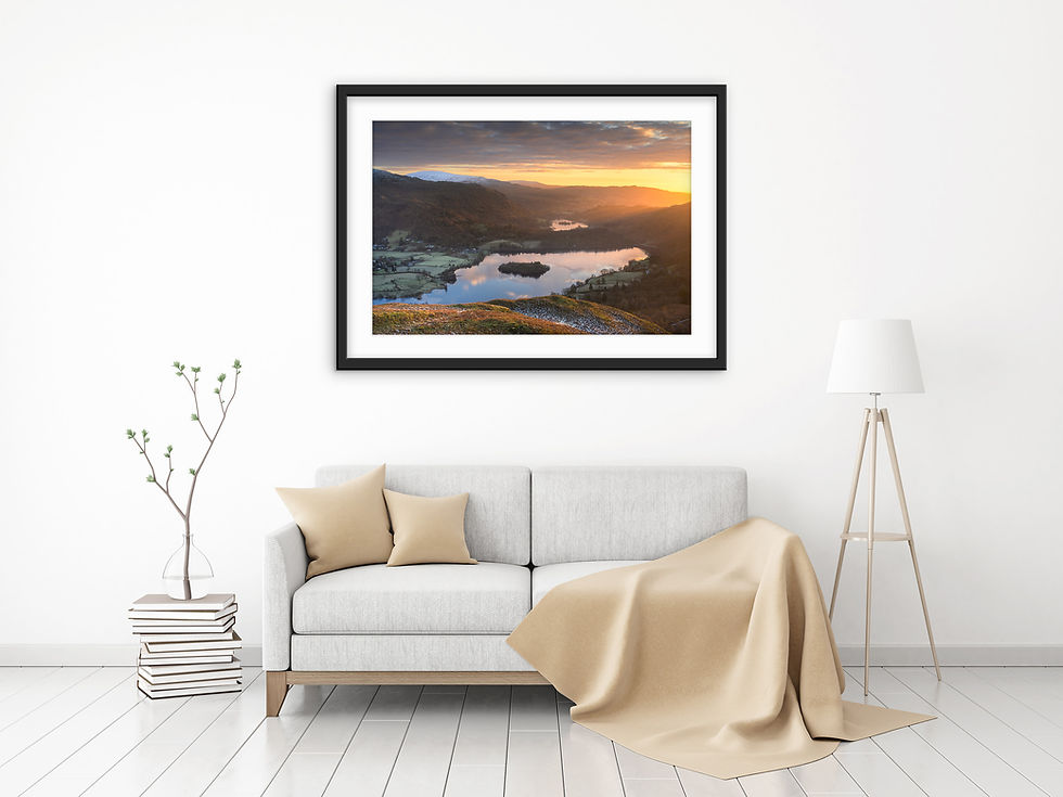Thumbnail: Photography prints of a beautiful winter sunrise over Grasmere and Rydal Water, seen from Silver How in The Lake District, UK