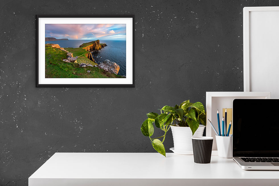 Thumbnail: Photography prints of a beautiful evening view overlooking Neist Point Lighthouse on The Isle of Skye, Scotland, UK.