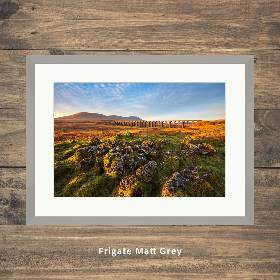 Thumbnail: Framed photography prints of the Ribblehead Viaduct with beautiful golden morning light, Yorkshire Dales National Park, UK.