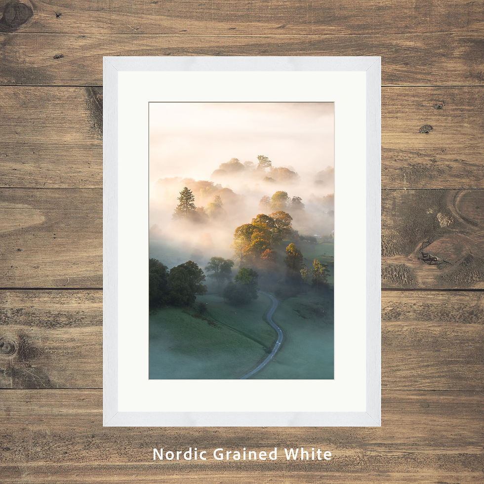 Thumbnail: Framed photography prints of a misty autumn morning at Loughrigg Tarn in The Lake District, UK.