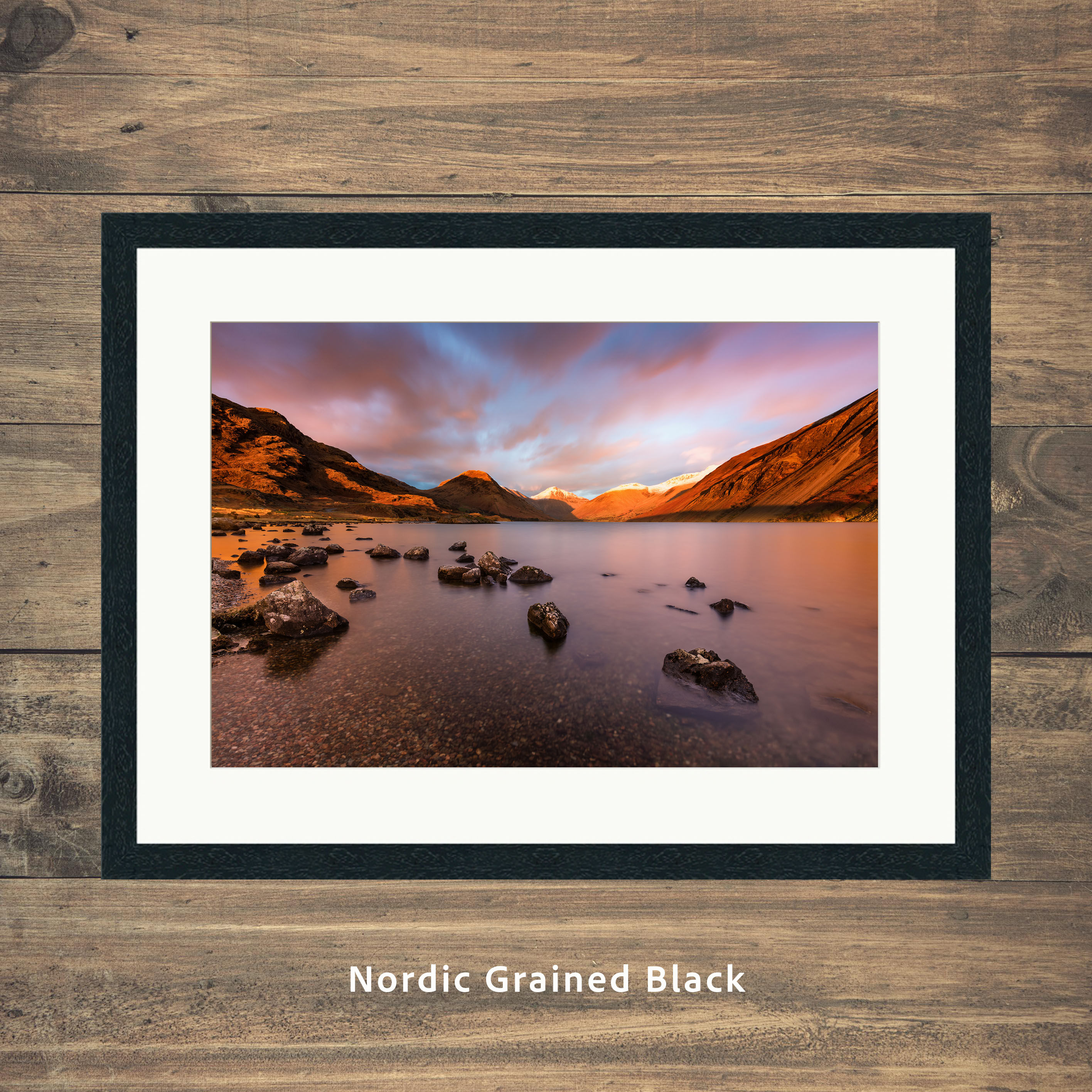 Framed photography prints of a winter sunset with dramatic clouds at Wastwater in The Lake District.