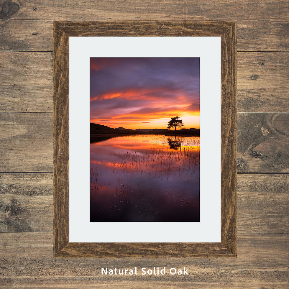 Thumbnail: Framed photography prints of a dramatic sunset with lone tree at Kelly Hall Tarn, Coniston, Lake District, UK.