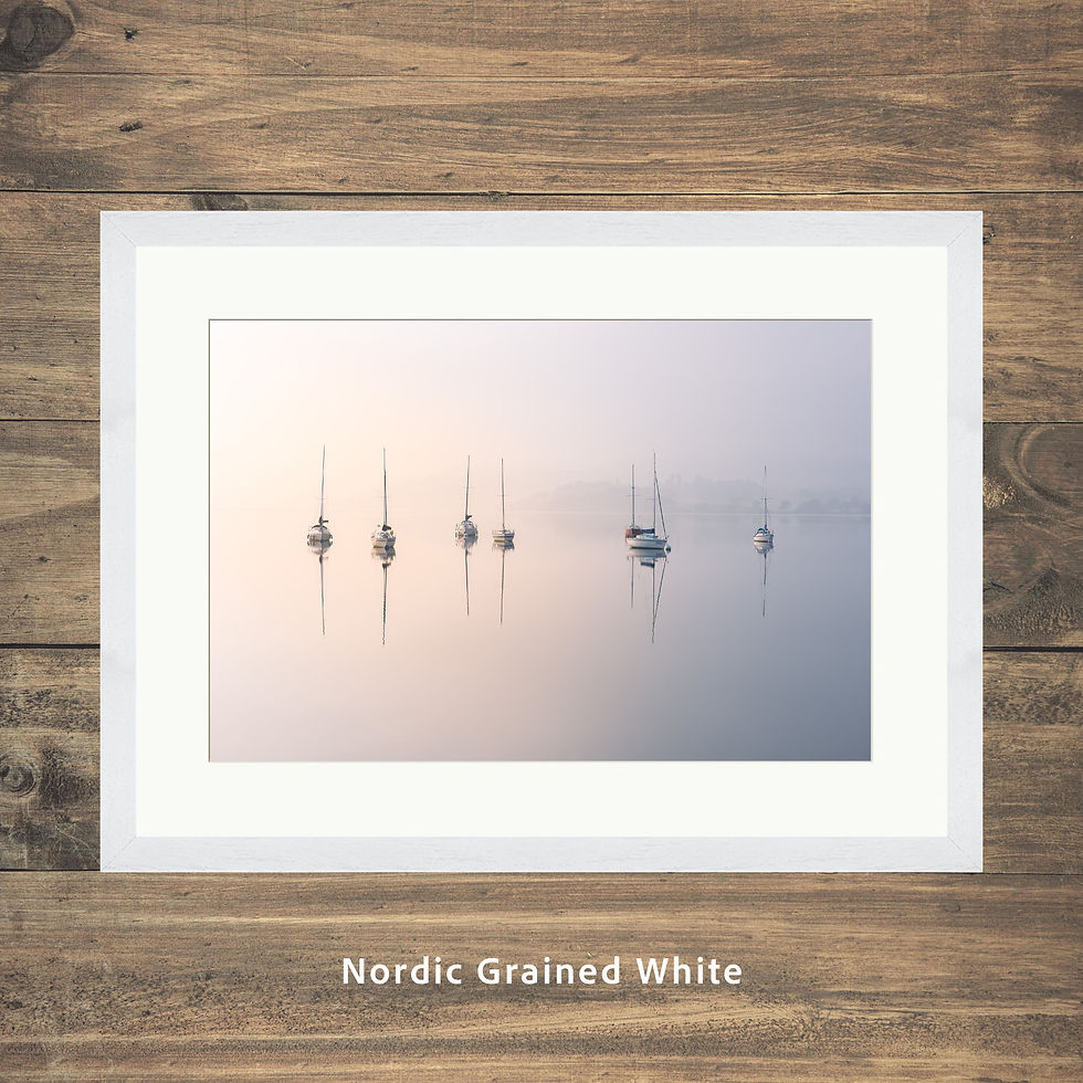 Thumbnail: Framed photography prints of a row of yacht boats on a calm and misty morning at Windermere in The Lake District.