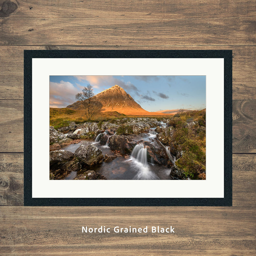 Thumbnail: Framed photography prints of the Glen Etive waterfall on autumn morning with The Buachaille in Glencoe, Scottish highlands