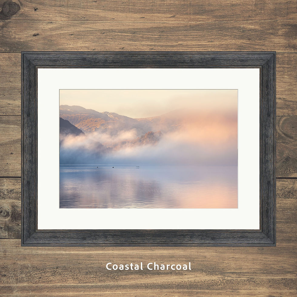 Thumbnail: Framed photography prints of a misty morning at Derwentwater with view of The Jaws of Borrowdale, Lake District.