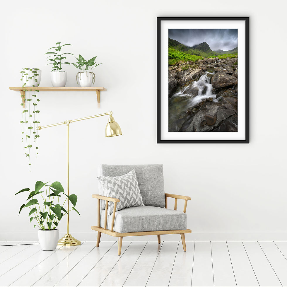 Thumbnail: Photography prints of a flowing waterfall at Deepdale Beck near Ullswater with dramatic view of Lake District mountains.