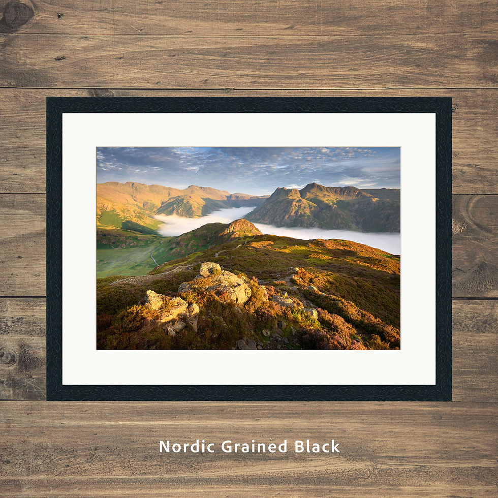 framed picture of a glorious mountain view with mist in the Langdale Valley, seen from Lingmoor Fell, Lake District.