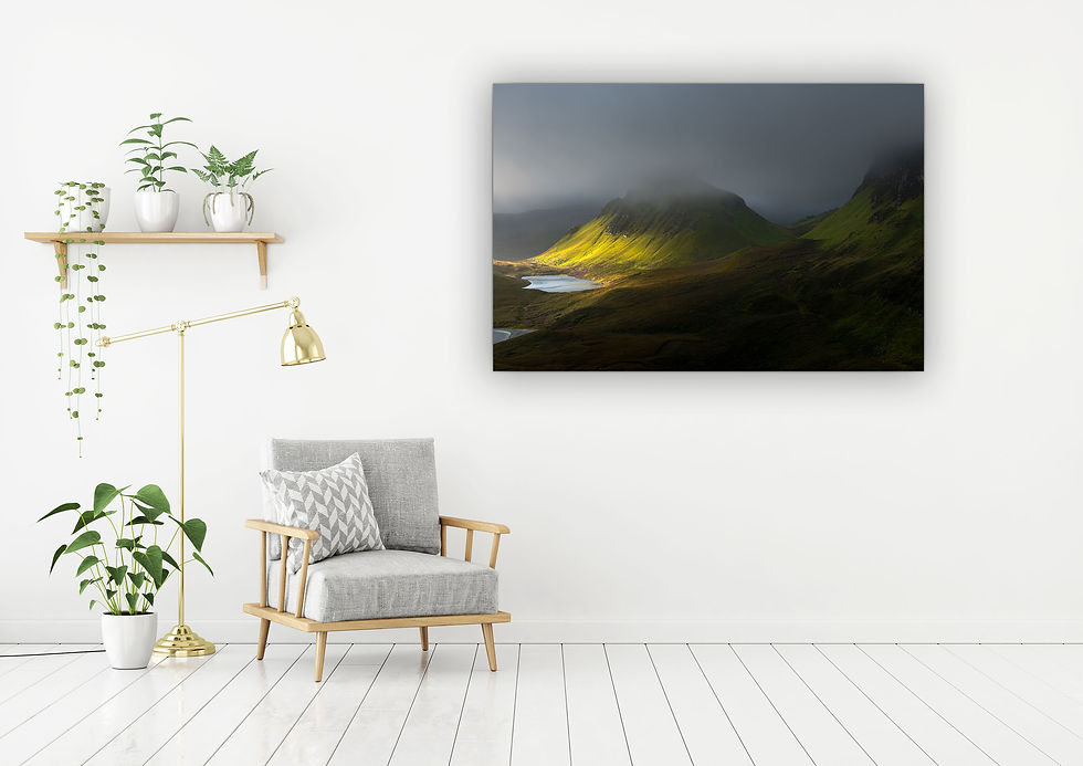 Thumbnail: Dramatic morning sunlight and low moody clouds over Cleat on The Trotternish Ridge, seen from The Quiraing, Skye, Scotland.
