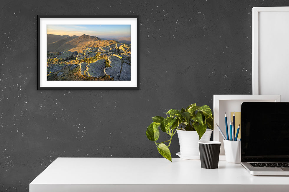 Thumbnail: Golden sunlight on rocks at Crinkle Crags, with beautiful view of Bowfell in The Lake District mountains.