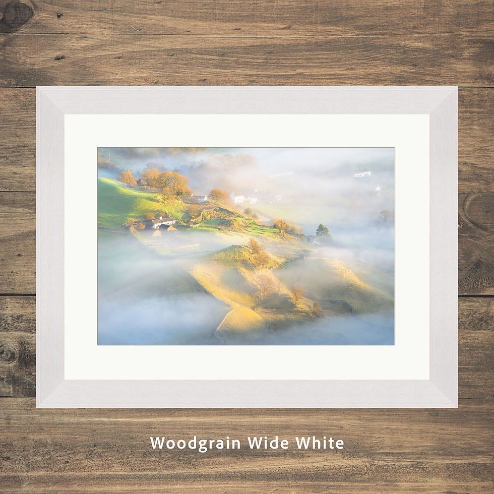 Thumbnail: Framed photography prints of a misty Little Langdale with white cottages in The Lake District, UK.