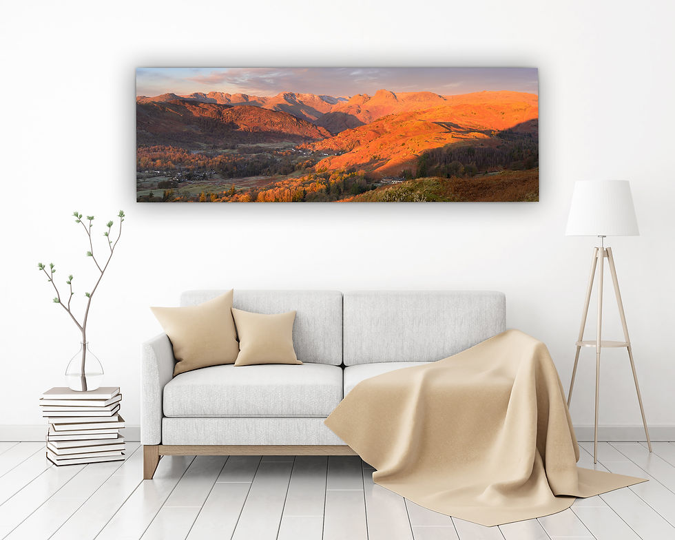 Thumbnail: Panoramic canvas prints of beautiful morning light illuminating the iconic Langdale Pikes in The Lake District, UK.