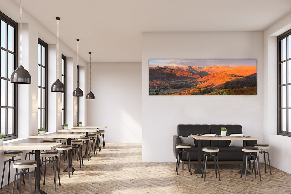 Thumbnail: Panoramic canvas prints of beautiful morning light illuminating the iconic Langdale Pikes in The Lake District, UK.